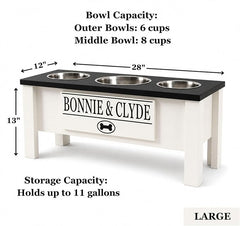 3 Bowl Dog Feeding Station, Personalized Triple Bowl Food Stand Large Dogs | Farmhouse Style, Elevated Wood Stand, Storage Container, Stainless Steel Bowls, Raised Feeder, Large Breed, Made in USA