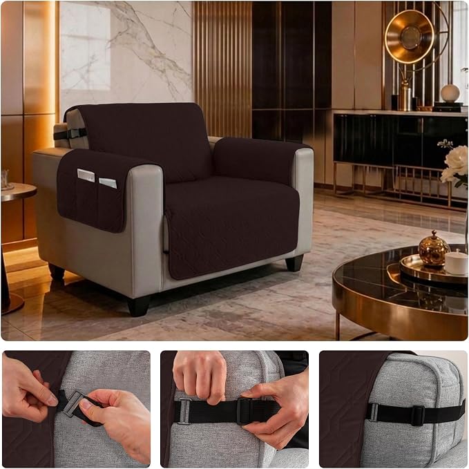 100% Waterproof Quilted Couch Cover,Straps&Pockets,23" Chocolate | Washable sofa cover, pet-friendly, scratch-resistant furniture protector, quilted sofa cover, reversible, non-slip backing.