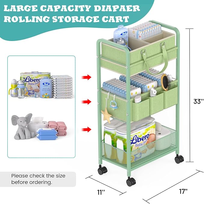2in1 Baby Diaper Caddy Organizer Cart, 3-Tier Rolling Cart, Metal Diaper Caddy Carts, Bedside Carts for Nursery Essentials Storage, Detachable Dividers, Large Capacity, Green