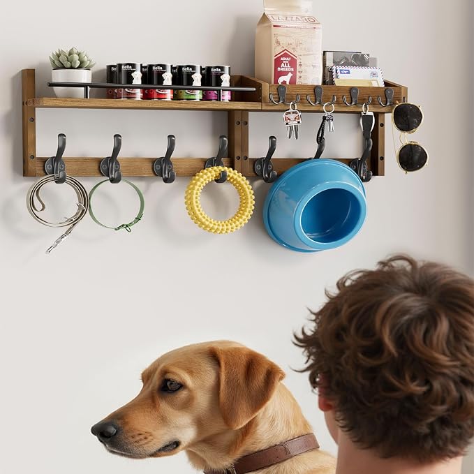 29 inch Coat Rack Wall Mount with Shelf, Entryway Wall Shelf with Hooks, Heavy Duty Coat Hanger Wall Mount with Key Holders and Mail Organizer for Living Room, Bedroom, Brown