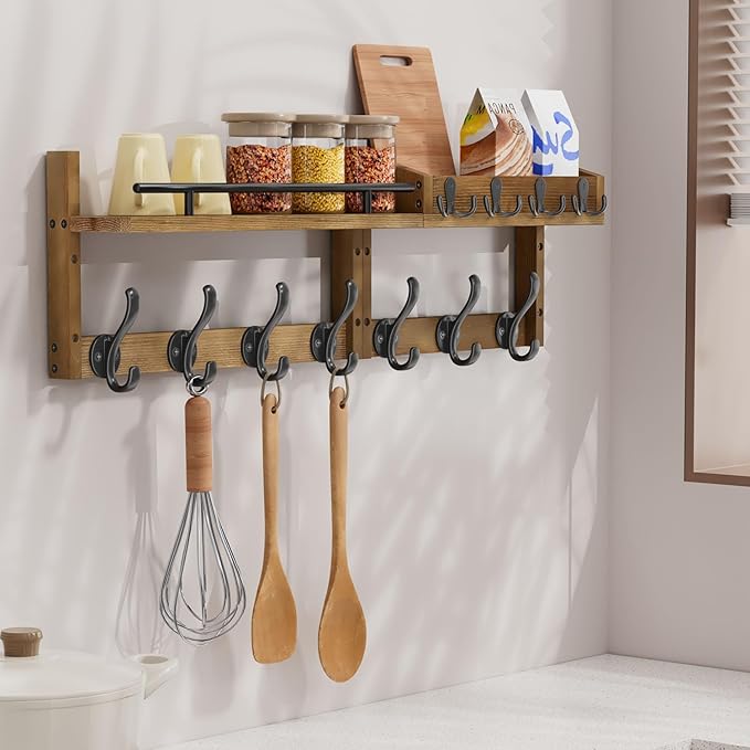29 inch Coat Rack Wall Mount with Shelf, Entryway Wall Shelf with Hooks, Heavy Duty Coat Hanger Wall Mount with Key Holders and Mail Organizer for Living Room, Bedroom, Brown