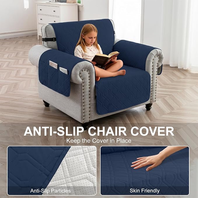 100% Waterproof Quilted Couch Cover,Straps&Pockets,23" Navyblue | Washable sofa cover, pet-friendly, scratch-resistant furniture protector, quilted sofa cover, reversible, non-slip backing.