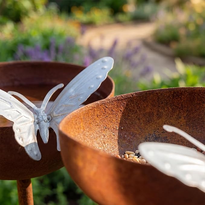 2 Pack Rusty Rain Catcher Garden Stake - Adjustable Metal Bird Feeder and Bath Bowl, Butterfly Style Vintage Outdoor Decor for Lawn Yard, Attracts Birds and Beneficial Insects