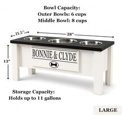 3 Bowl Dog Feeding Station, Personalized Triple Bowl Food Stand Large Dogs | Farmhouse Style, Elevated Wood Stand, Storage Container, Stainless Steel Bowls, Raised Feeder, Large Breed, Made in USA