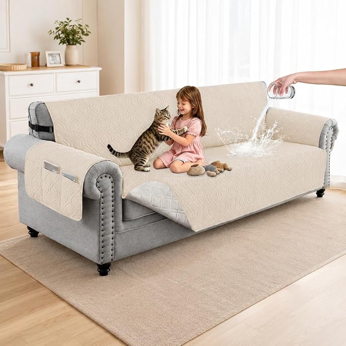 100% Waterproof Couch Cover, Straps&Pockets,pet Friendly,78" Beige | Washable sofa cover, pet-friendly, scratch-resistant furniture protector, quilted sofa cover, reversible, non-slip backing.