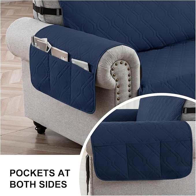 100% Waterproof Quilted Couch Cover,Straps&Pockets,68" Navyblue | Washable sofa cover, pet-friendly, scratch-resistant furniture protector, quilted sofa cover, reversible, non-slip backing.