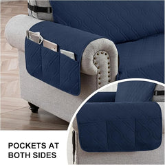 100% Waterproof Quilted Couch Cover,Straps&Pockets,46" Navyblue | Washable sofa cover, pet-friendly, scratch-resistant furniture protector, quilted sofa cover, reversible, non-slip backing.