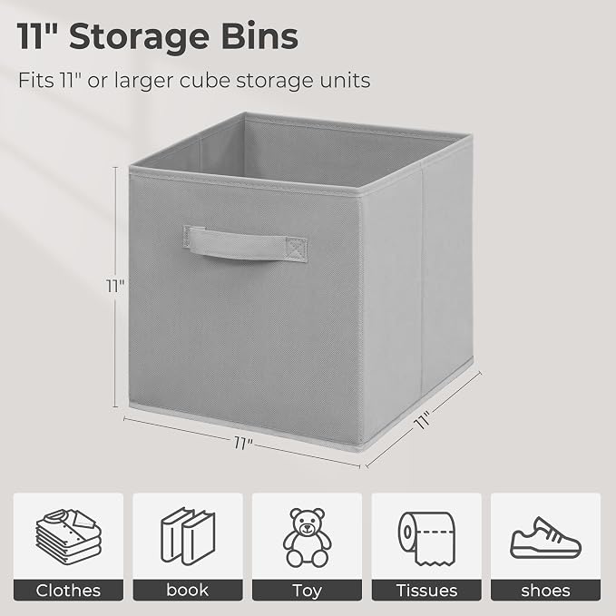 11 Inch Fabric Storage Cubes, Sturdy Foldable Storage Bins, Heavy Duty Cube Organizer for Clothes, Blankets, Shelves, Closets, Bedroom, Living Room, Gray, 12 Pack