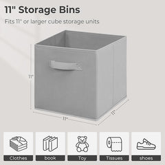 11 Inch Fabric Storage Cubes, Sturdy Foldable Storage Bins, Heavy Duty Cube Organizer for Clothes, Blankets, Shelves, Closets, Bedroom, Living Room, Gray, 6 Pack