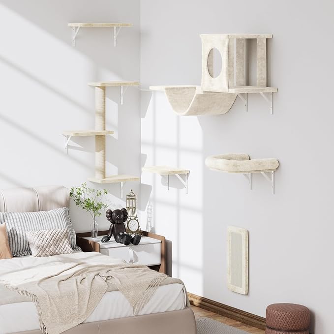 12-in-1 Cat Wall Shelves, Luxury Wall-Mounted Cat Climber Set | with Condos House, Scratching Post, Bridge Ladder, Indoor Space-Saving Furniture for Kittens, Beige