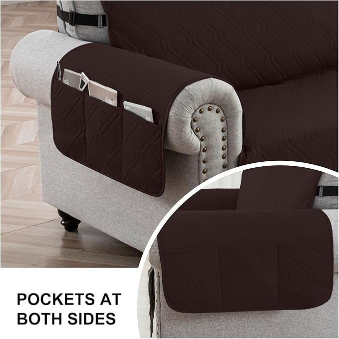 100% Waterproof Quilted Couch Cover,Straps&Pockets,68" Chocolate | Washable sofa cover, pet-friendly, scratch-resistant furniture protector, quilted sofa cover, reversible, non-slip backing.