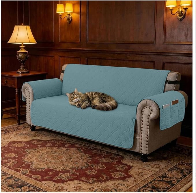 100% Waterproof Quilted Couch Cover,Straps&Pockets,68" Grayishblue | Washable sofa cover, pet-friendly, scratch-resistant furniture protector, quilted sofa cover, reversible, non-slip backing.