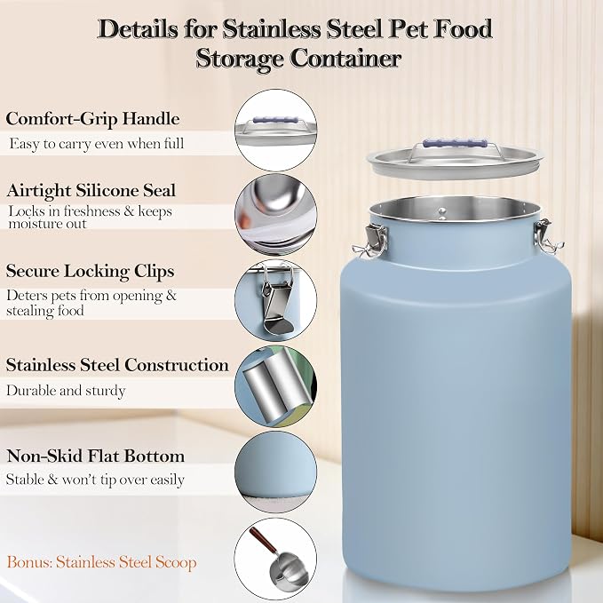 25 lb Stainless Steel Dog Food Storage Container, Airtight Metal Pet Food Canister with Lid & Scoop for Dog Cat Kibble, Heavy Duty for Daily Use, Keeps Kibble Fresh & Crunchy