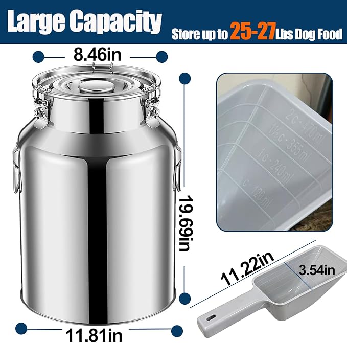 25 Lbs Stainless Steel Dog Food Storage Container with Scoop, Large Metal Dog Food Bin with Airtight Lid & Locking Clamp, Pet Food Container for Dogs & Cats, Keep Fresh, Easy to Clean