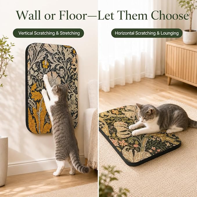 2 Pack Cat Wall Scratcher, Art Cat Scratching Board for Cats | Wall Mounted Cat Scratch Pad, Water-Based Ink, Hook&Loop Strips, Floor or Wall Use, 16.7x11x1 Inch, William Flower