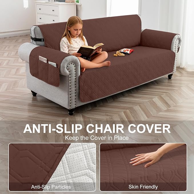 100% Waterproof Couch Cover,Straps&Pockets,pet Friendly,68" Coffee | Washable sofa cover, pet-friendly, scratch-resistant furniture protector, quilted sofa cover, reversible, non-slip backing.