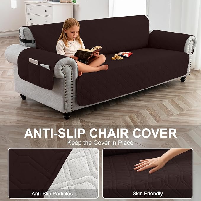 100% Waterproof Quilted Couch Cover,Straps&Pockets,78" Chocolate | Washable sofa cover, pet-friendly, scratch-resistant furniture protector, quilted sofa cover, reversible, non-slip backing.