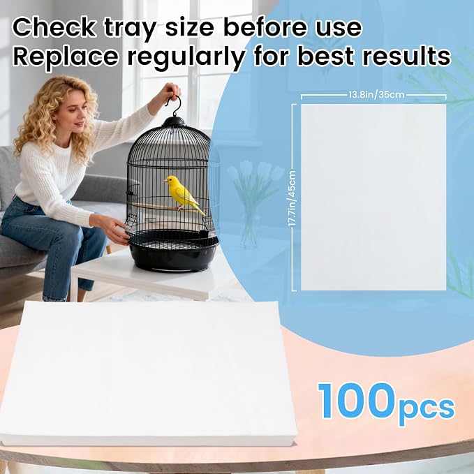 17.7x13.8in Bird Cage Liners - 100 Sheets Pre-Cut Disposable Cage Tray Liners, High Absorbent Non-Woven Pads for Parrots, Cockatiels and Small Animals