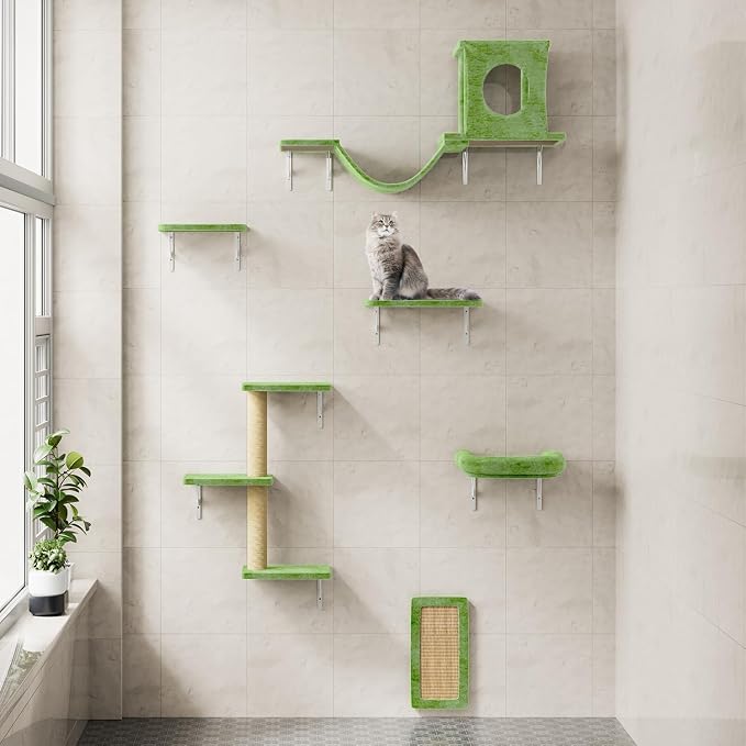 12-in-1 Cat Wall Shelves, Luxury Wall-Mounted Cat Climber Set | with Condos House, Scratching Post, Bridge Ladder, Indoor Space-Saving Furniture for Kittens, Green