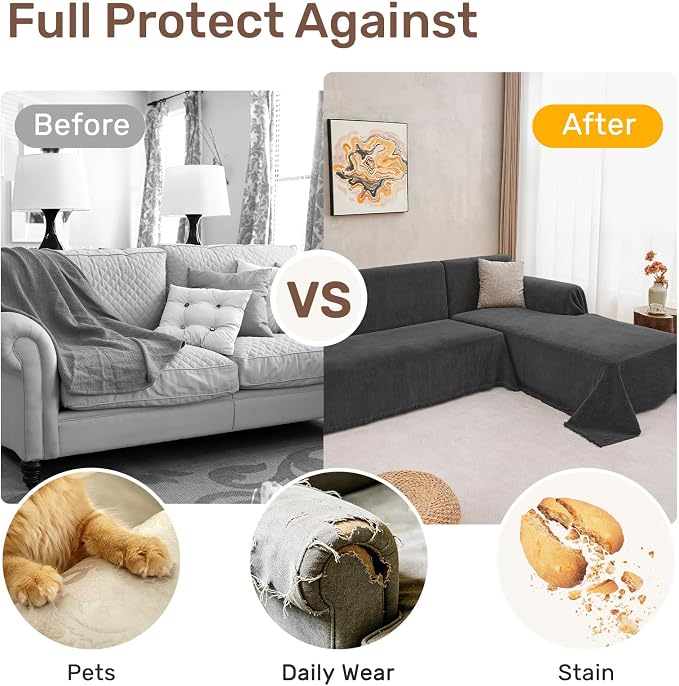 2 Pieces Sectional Couch Covers L Shaped Cover XXXL Charcoal Gray | Thick Washable Fabric for L Shaped Sectional Sofa, Anti-Pet Hair, Stain & Wear Resistant, Easy Care & Installation