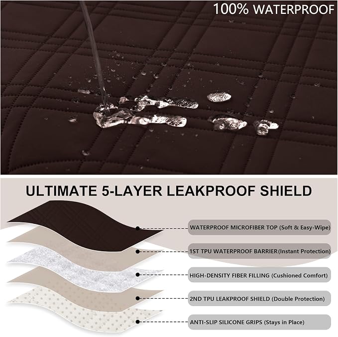 100% Waterproof Couch Cover for Dogs, Washable Anti-Slip Sofa Cover with Elastic Straps & Side Pockets, Quilted Furniture Protector for Kids & Pets (3 Cushion 68", Chocolate)