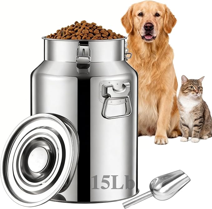 15 Lbs Stainless Steel Dog Food Storage Container with Scoop, Large Metal Dog Food Bin with Airtight Lid & Locking Clamp, Pet Food Container for Dogs & Cats, Keep Fresh, Easy to Clean
