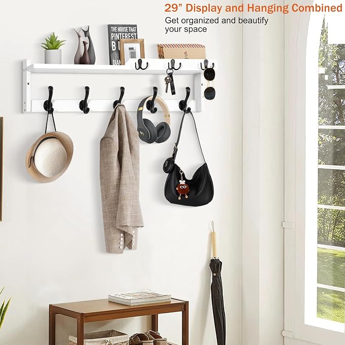 29'' Coat Rack Wall Mount with Shelf, Coat Hanger Wall Mount with Key Hooks and Mail Holder, Wood Entryway Floating Shelf with Hooks and Storage, Hat Rack for Wall Key Holder Mail Organizer