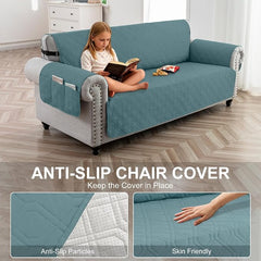 100% Waterproof Quilted Couch Cover,Straps&Pockets,68" Grayishblue | Washable sofa cover, pet-friendly, scratch-resistant furniture protector, quilted sofa cover, reversible, non-slip backing.