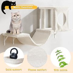 12-in-1 Cat Wall Shelves, Luxury Wall-Mounted Cat Climber Set | with Condos House, Scratching Post, Bridge Ladder, Indoor Space-Saving Furniture for Kittens, Beige