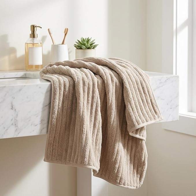 3 Pack Bath Towel Set, 40"x80" Oversized Bath Sheet, Beige | Ultra Soft Microfiber, Lint Free, Quick Dry, Highly Absorbent, Full Body Coverage, 1 Bath Sheet, 1 Hand Towel, 1 Washcloth