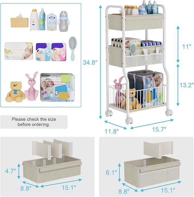 3-tier Baby Diaper Caddy Organizer and Storage Cart with 4+3 Dividers, Metal Utility Cart with Lockable Wheels for Nursery, Bedroom, Bathroom, White