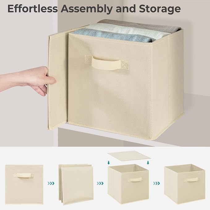 11 Inch Fabric Storage Cubes, Sturdy Foldable Storage Bins, Heavy Duty Cube Organizer for Clothes, Blankets, Shelves, Closets, Bedroom, Living Room, Beige, 4 Pack