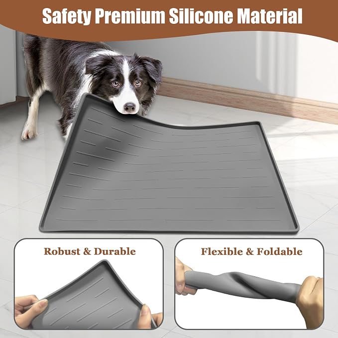 24"x16" Large Dog Food Mat, Silicone Dog and Cat Mats for Food and Water Bowls, Waterproof Raised Edge Pet Feeding Mat for Contain Spills Protects Floors, Multiple Colors & Sizes for Pets, Black