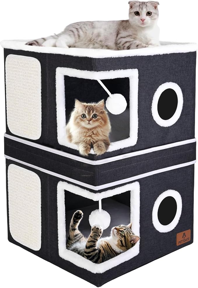 2-Story Cat House for Indoor Cats, Dual-Purpose Cat Cave Bed with Scratch Pad and Fluffy Ball, Foldable Cat Hideaway, Cute Cat Condo Furniture for Multi Small Pet Kitten, Dark Grey