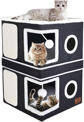 2-Story Cat House for Indoor Cats, Dual-Purpose Cat Cave Bed with Scratch Pad and Fluffy Ball, Foldable Cat Hideaway, Cute Cat Condo Furniture for Multi Small Pet Kitten, Dark Grey