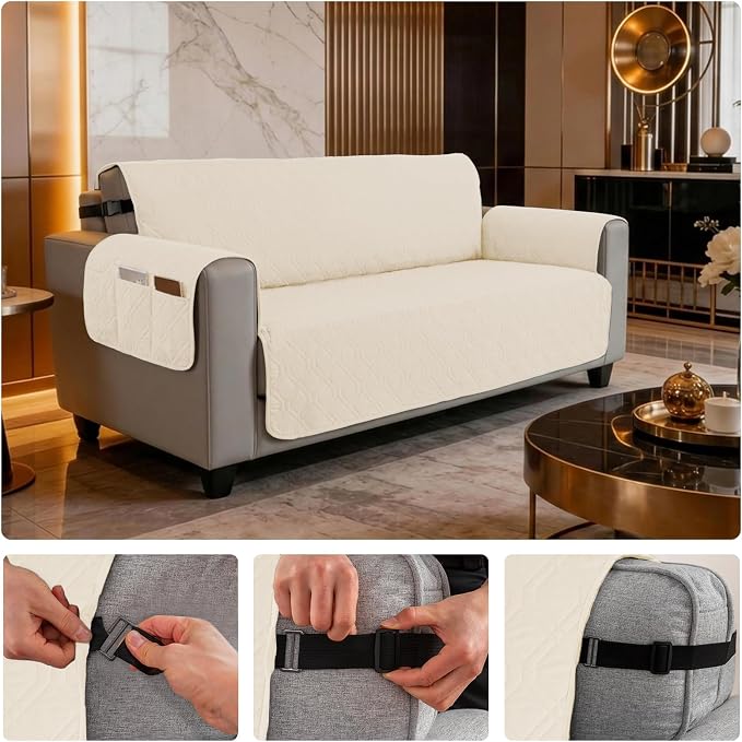 100% Waterproof Couch Cover, Straps&Pockets,pet Friendly,68" Beige | Washable sofa cover, pet-friendly, scratch-resistant furniture protector, quilted sofa cover, reversible, non-slip backing.