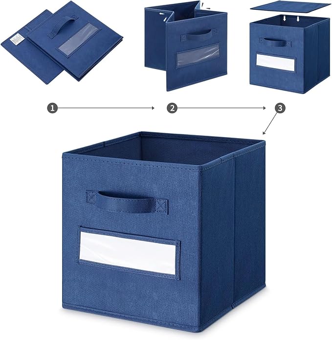 13x13x13 storage cube bins (Set of 10) Fabric storage cubes with 10 Labels Window Cards & a Pen, storage cubes 13x13, Collapsible 13 inch cube storage bins, Cubby Organizer Boxes, Navy Blue