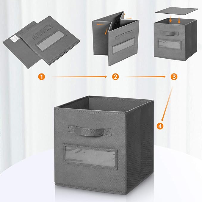 11 Inch Storage Cube,Storage bin (Set of 10) Foldable Fabric Cube Storage Bins with 10 Labels Window Cards & a Pen,Baskets Containers for Shelves,Closet Organizers Box for Home & Office,Gray