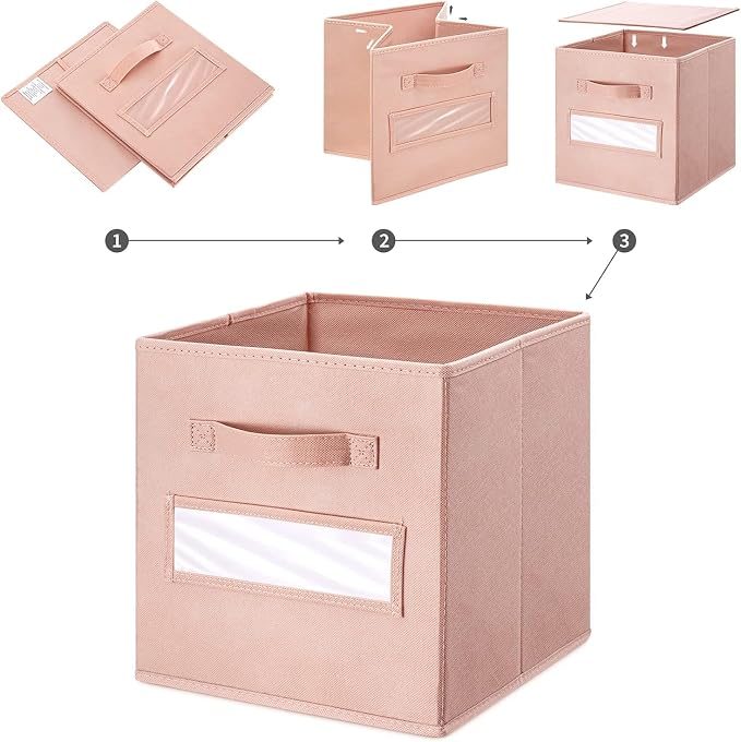13x13x13 storage cube bins(Set of 10) Fabric storage cubes with 10 Labels Window Cards & a Pen, storage cubes 13x13, Collapsible 13 inch cube storage bins, Cubby Organizer Boxes, Pink