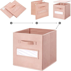 13x13x13 storage cube bins(Set of 10) Fabric storage cubes with 10 Labels Window Cards & a Pen, storage cubes 13x13, Collapsible 13 inch cube storage bins, Cubby Organizer Boxes, Pink