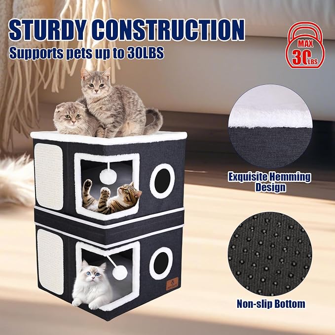 2-Story Cat House for Indoor Cats, Dual-Purpose Cat Cave Bed with Scratch Pad and Fluffy Ball, Foldable Cat Hideaway, Cute Cat Condo Furniture for Multi Small Pet Kitten, Dark Grey