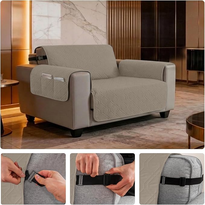 100% Waterproof Couch Cover,Straps&Pockets,pet Friendly,46" Camel | Washable sofa cover, pet-friendly, scratch-resistant furniture protector, quilted sofa cover, reversible, non-slip backing.