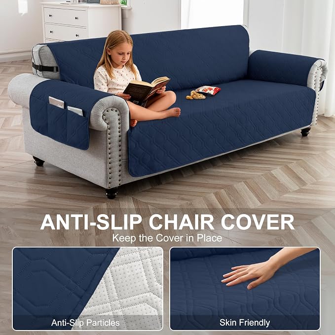 100% Waterproof Quilted Couch Cover,Straps&Pockets,78" Navyblue | Washable sofa cover, pet-friendly, scratch-resistant furniture protector, quilted sofa cover, reversible, non-slip backing.