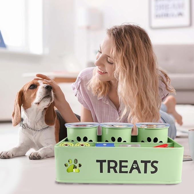 28oz Metal Dog Treat Container Set of 3,Dog Treat Jars with Airtight Lids,Cat Treat Jar,Dog Treat Canister for Countertop,Coated Galvanized Steel Dog Treats Station-Green