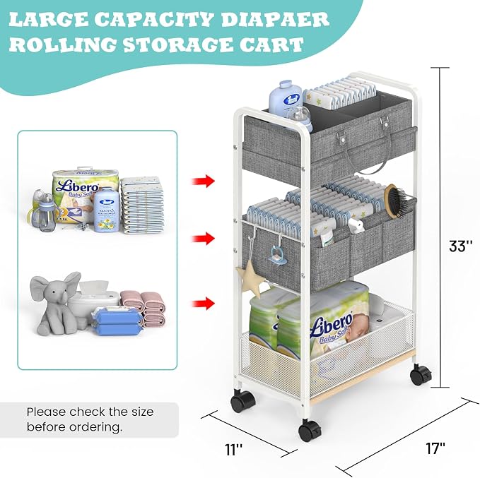 2In1 Baby Diaper Caddy & 3-Tier Rolling Diaper Cart, Diaper Caddy Organizer Cart with Dividers, Metal Detachable Bedside Cart for Baby Nursery Essentials, Large Capacity, Easy to Assemble, White