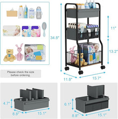 3-tier Baby Diaper Caddy Organizer and Storage Cart with 4+3 Dividers, Metal Utility Cart with Lockable Wheels for Nursery, Bedroom, Bathroom, Black