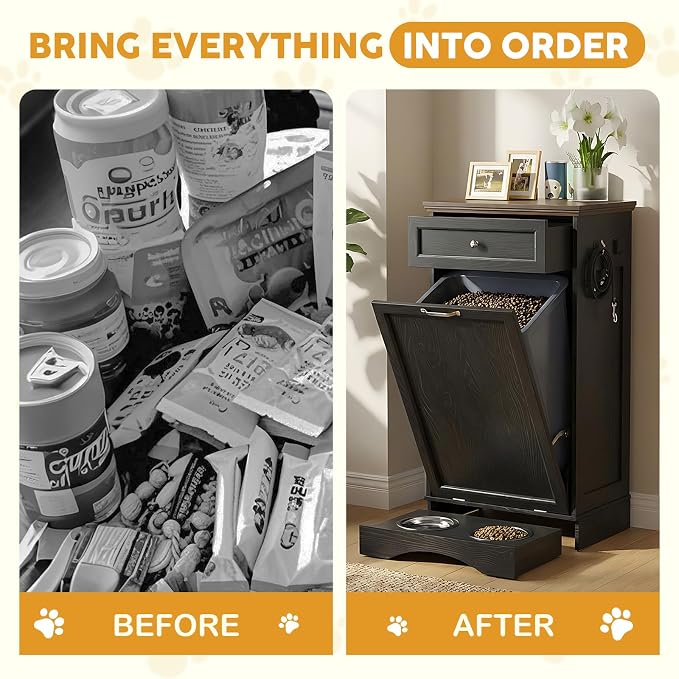 21''W Dog Feeding Station with Storage, Tilt Out Dog Food Cabinet with Drawer, 2 Feeding Bowls, Pet Food Storage, Cat Feeding Station, Dogs Storage Organizer, (Black, Single Door)