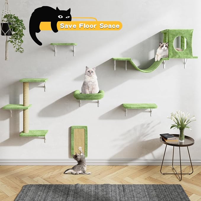 12-in-1 Cat Wall Shelves, Luxury Wall-Mounted Cat Climber Set | with Condos House, Scratching Post, Bridge Ladder, Indoor Space-Saving Furniture for Kittens, Green