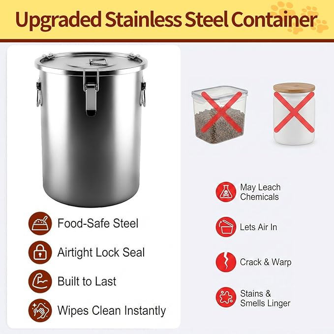 304 Stainless Steel Dog Food Storage Container, 25LB/30LB Airtight Pet Food Container with Locking Lid & Silicone Seal, Large Metal Food Storage Bin for Dry Dog/Cat Food, Rice, Flour (25 LBS)