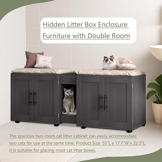 3-in-1 Cat Litter Box Enclosure for 2 Cats, 55 Inch Large Hiddden Litter Box Enclosure Furniture with Double Rooms, Farmhouse Wooden Cat Washroom for Bedroom Living Room, White